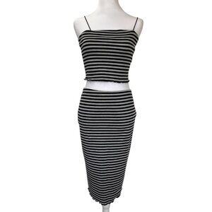 Skirt Set Striped Black Grey Lettuce Hem Spaghetti Straps Spring Summer Large